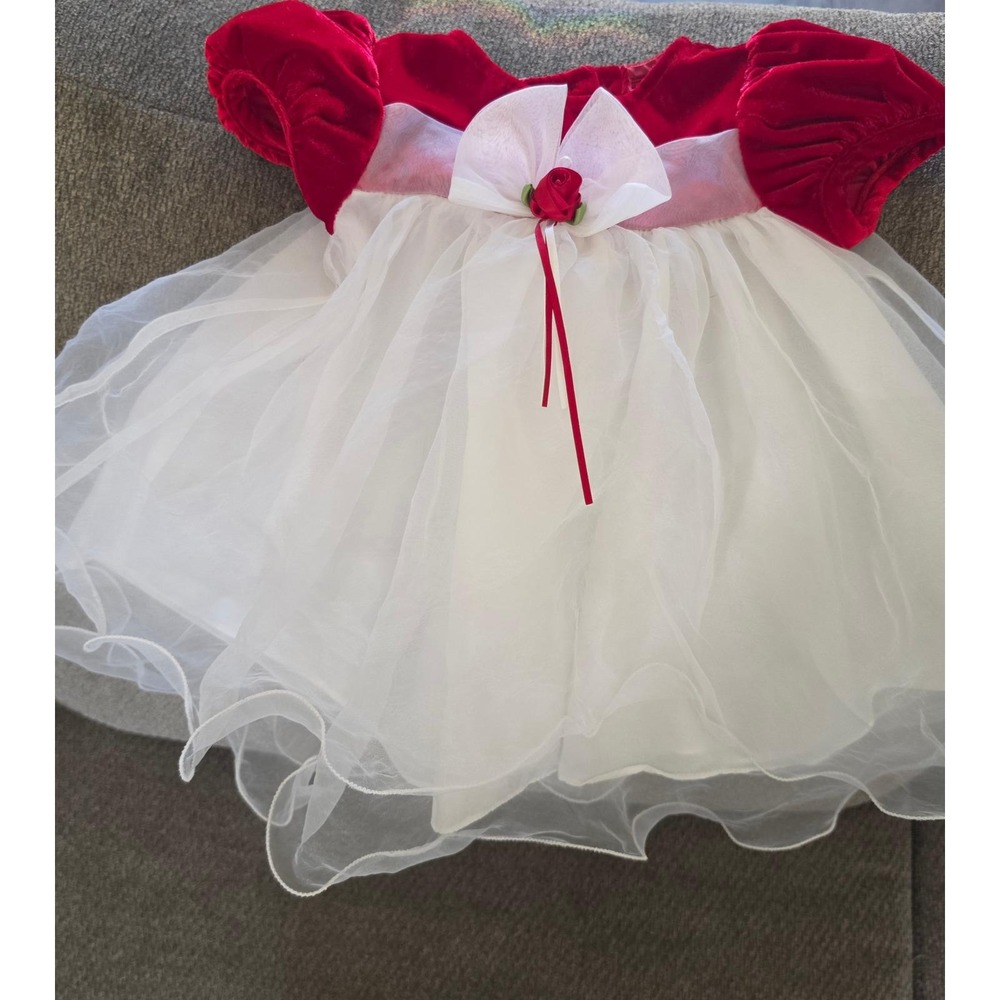 Rare Too Vintage Red Velvet White Organdy Holiday Christmas Dress 6-9M